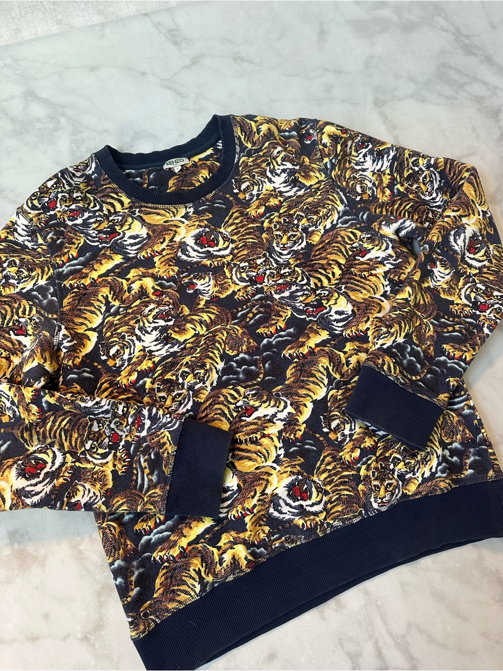 Kenzo Paris Men’s Tiger Print Navy Blue Cotton Crewneck Sweatshirt L Large - Picture 2 of 5